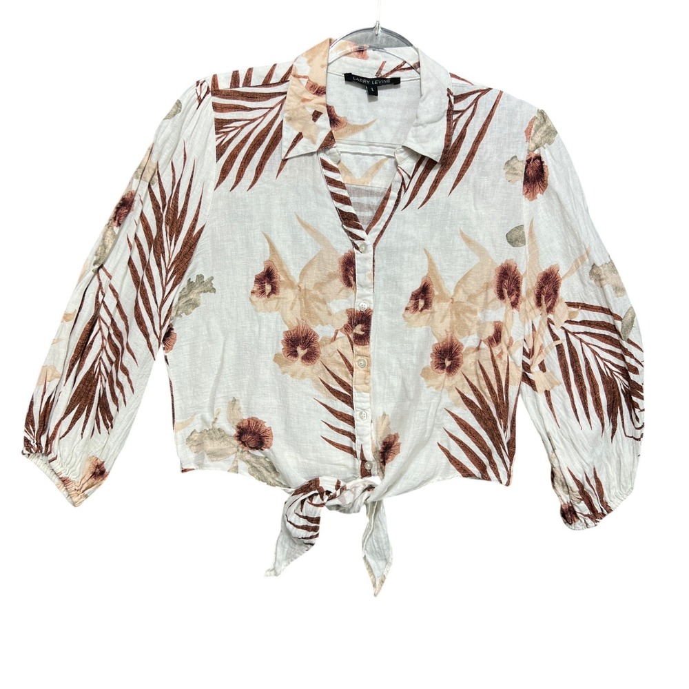 Larry Levine Linen Blend Tropical Floral Palm Print Tie Front Shirt Brown Large